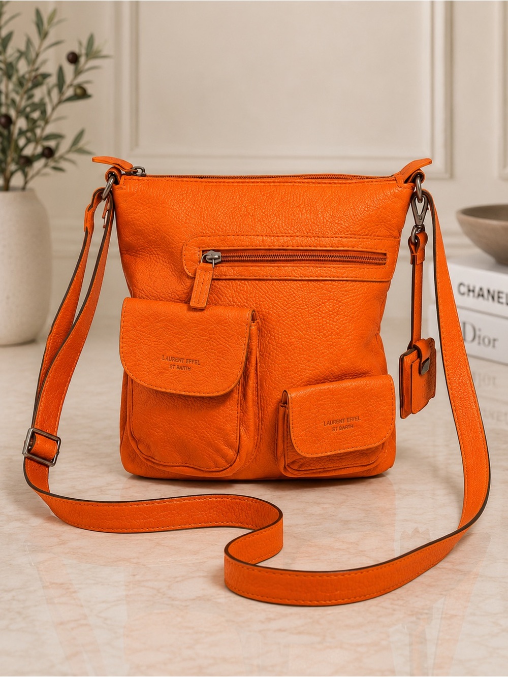 Laurent Effel St Barth Orange Pebbled Leather Crossbody Shoulder Bag